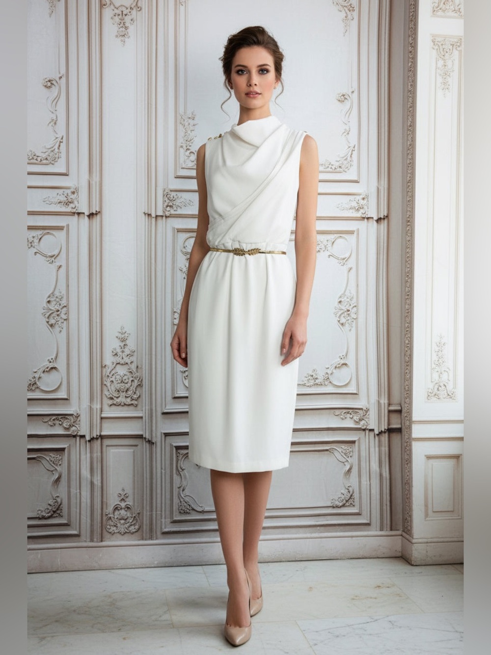 Sleeveless White Draped Neck Sheath Dress with gold belt